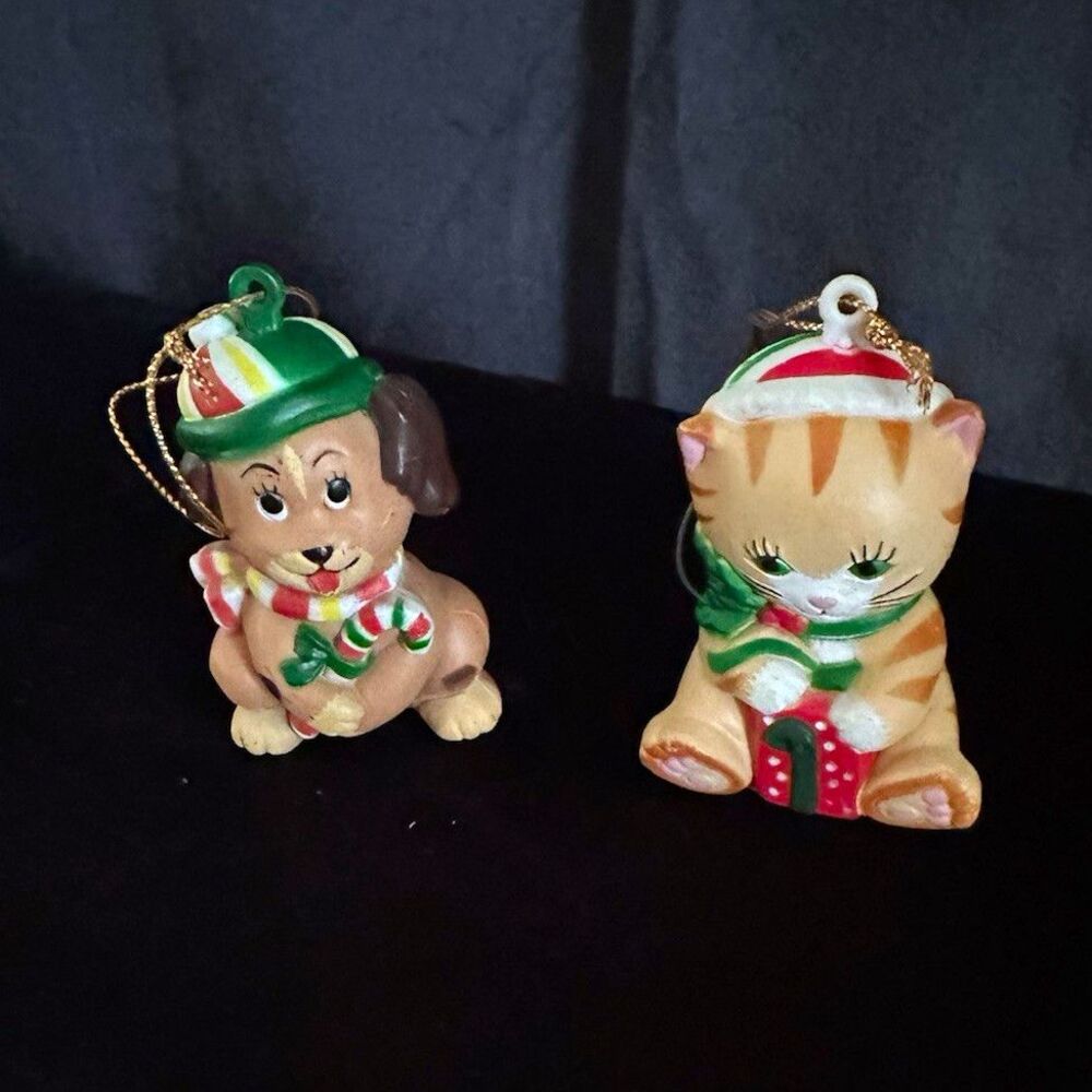 Set of 2 Vintage 1985 W.A. Christmas Hanging Ornaments Dog & Cat Figurines